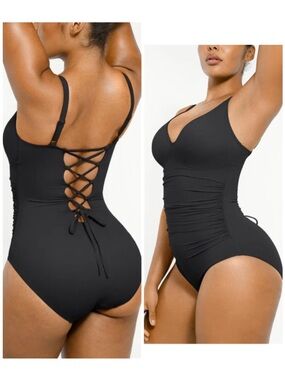 Shapellx Smart Sculpt Ruched Back Lace Up Black One-Piece Swimsuit XXL XXLarge